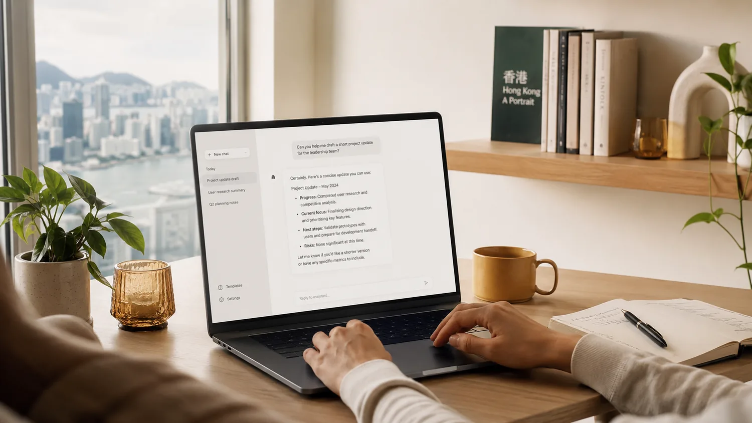 香港寓所書桌上嘅手提電腦顯示 AI 助手幫手草擬工作更新 —— Claude / AI 自動化
