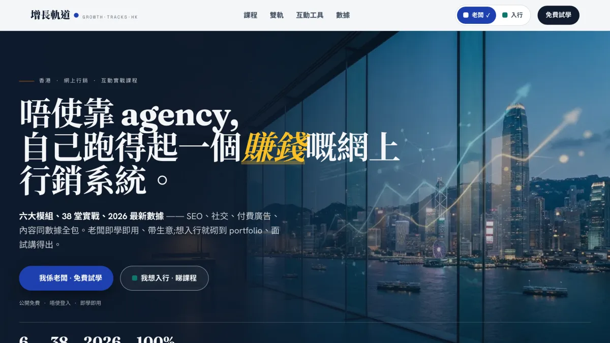 《增長軌道》課程網站真實截圖 — 深色 hero 同老闆/入行雙軌切換