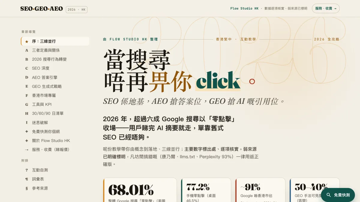 SEO·GEO·AEO 全攻略教學網站真實截圖 — 章節導覽、大字 hero 同數據卡